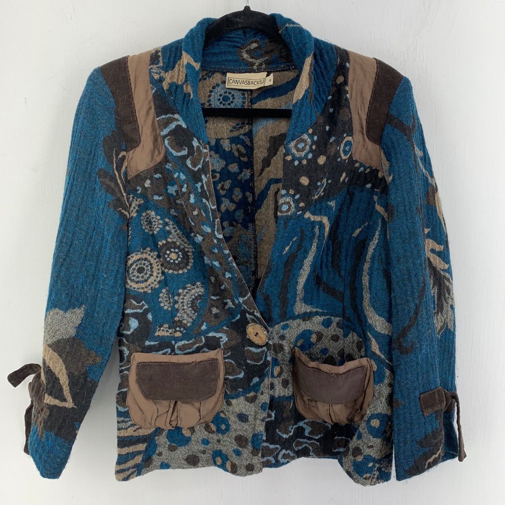 Vtg Canvasbacks Artsy Boho Goth Mixed Print Jacket Eclectic Maximalist Sz M